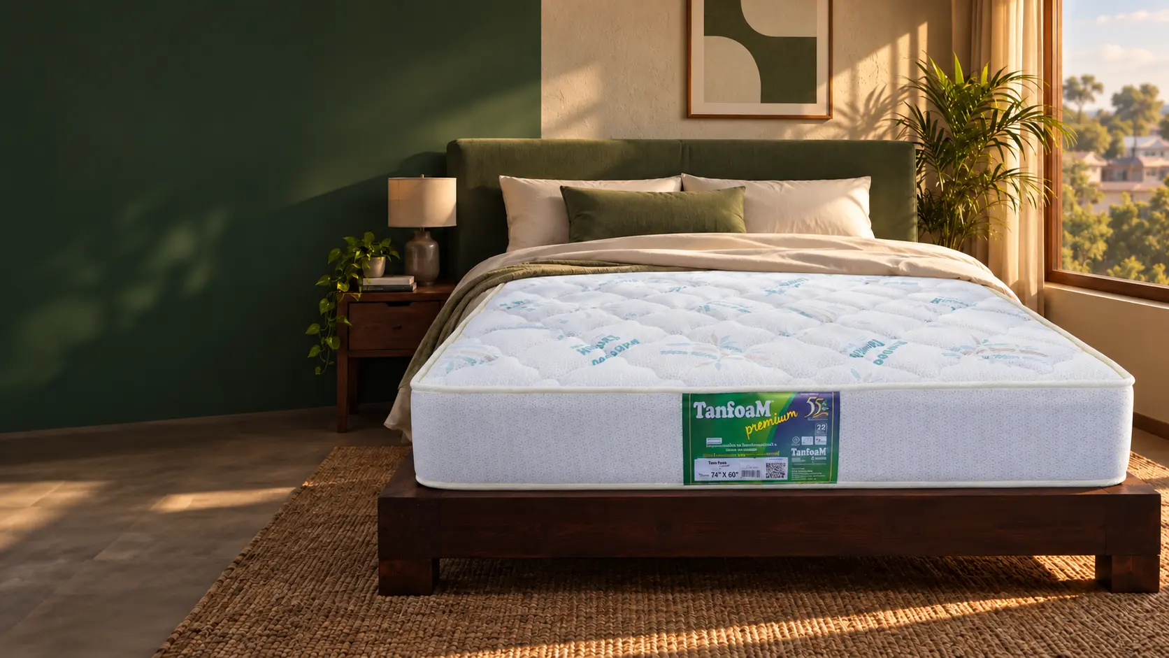 Tanfoam Premium mattress in a sunlit bedroom